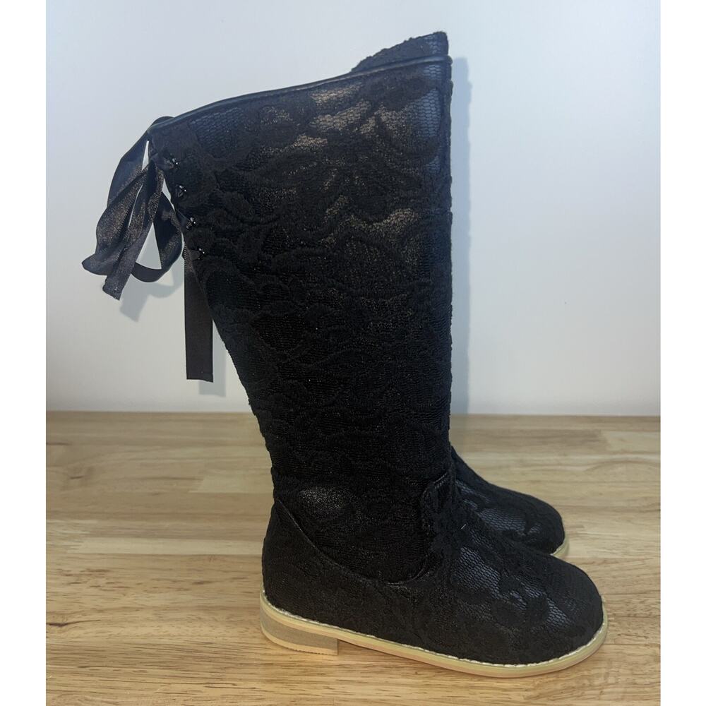 A Bear Co Girls Size 12 Black Lace Knee High Boots Ribbon Back Detail NEW